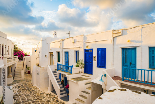 Narrow streets of Kastro village with traditional architecture at sunrise time on Sifnos island, Cyclades, Greece