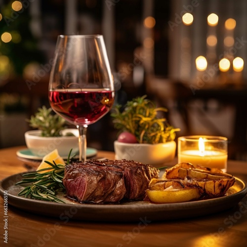 Grilled steak with rosemary and a glass of wine on a wooden table