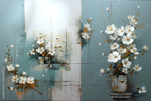 Oil and acrylic painting, abstract painting white flowers with textures.