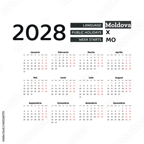 Calendar 2028 Romanian language with Moldova public holidays. Week starts from Monday. Graphic design vector illustration.