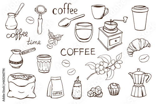 Drawn coffee doodle. Caffeine. Cafe. Morning. Ritual. Coffee. Cup. A cup. Turk. Coffee beans. Bag. Scoop.
