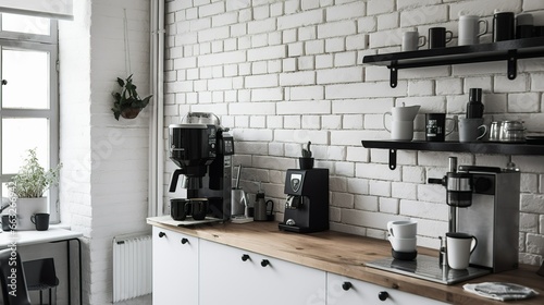 Modern Urbanic style kitchen with a coffee corner and coffee machine 