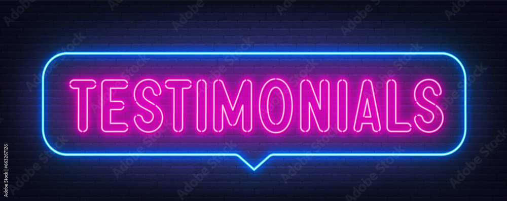 Testimonials neon neon sign in the speech bubble on brick wall background. Testimonials neon neon sign in the speech bubble on brick wall background.