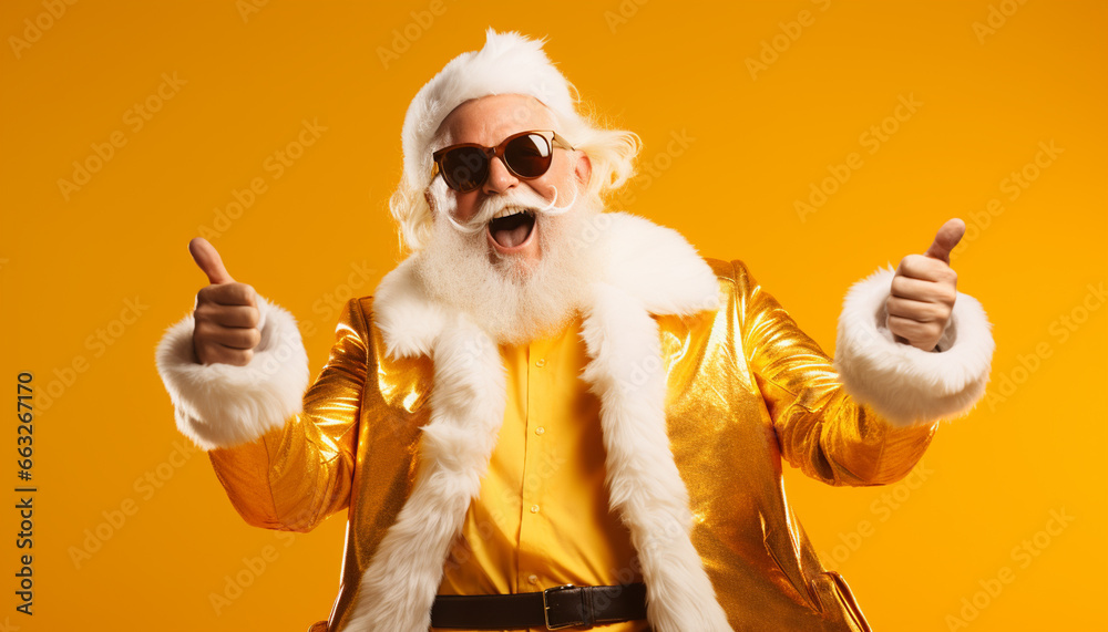 portrait of a cool happy smiling santa claus wearing gold clothes on yellow background with copy space, thumbs up  - obrazy, fototapety, plakaty 