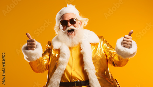 portrait of a cool happy smiling santa claus wearing gold clothes on yellow background with copy space, thumbs up  photo