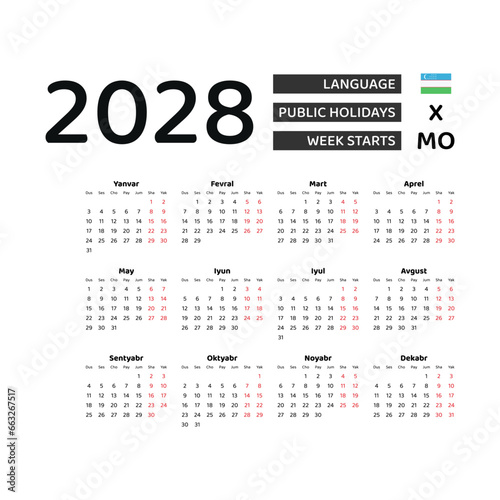 Calendar 2028 Uzbek language with Uzbekistan public holidays. Week starts from Monday. Graphic design vector illustration.