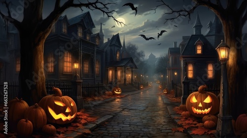 Halloween pumpkin street in spooky ghost town for halloween festival backdrop and background