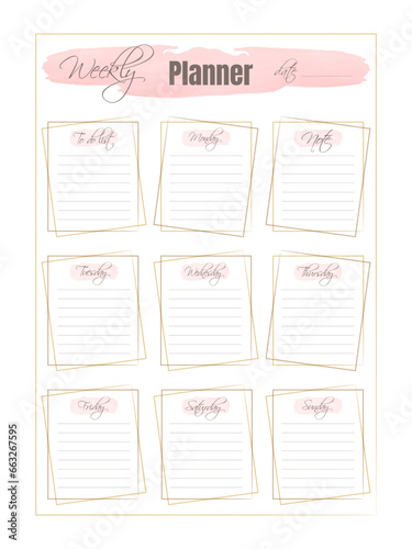 Weekly planner. Vector illustration. Template. Simple printable to do list and notes. Business organizer page. Paper sheet.