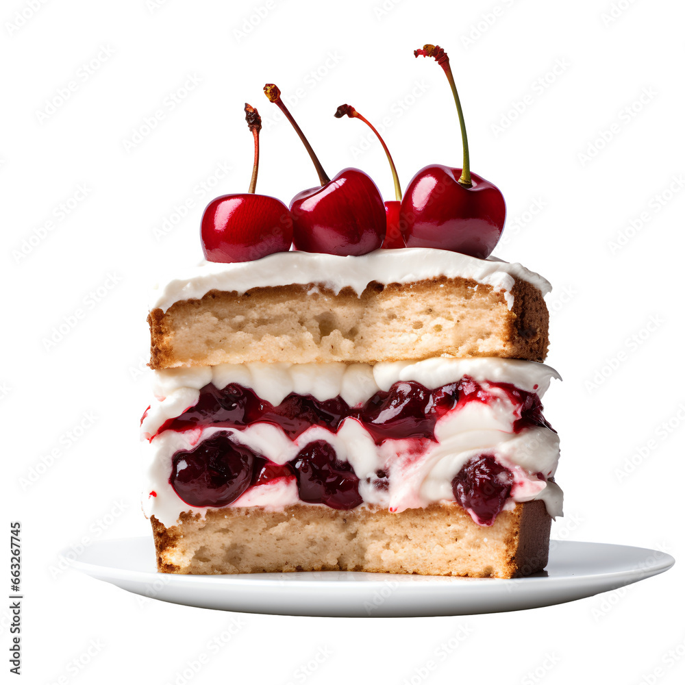 a cake cut into 3 slices. On one slice there are cherries, one another slice there is cream, and on the other slice there is a biscuit, on a transparent background a cake cut into 3 slices. On one slice there are cherries, one another slice there is cream, and on the other slice there is a biscuit, on a transparent background