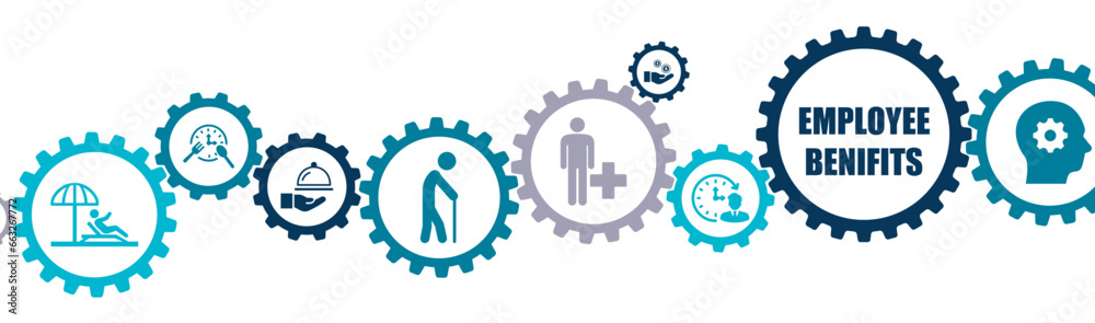 Employee benefits banner vector illustration with the icons of human resource, perks, compensation packages, health insurance, pension plans, paid vacations, parental leave and reward management