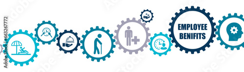 Employee benefits banner vector illustration with the icons of human resource, perks, compensation packages, health insurance, pension plans, paid vacations, parental leave and reward management