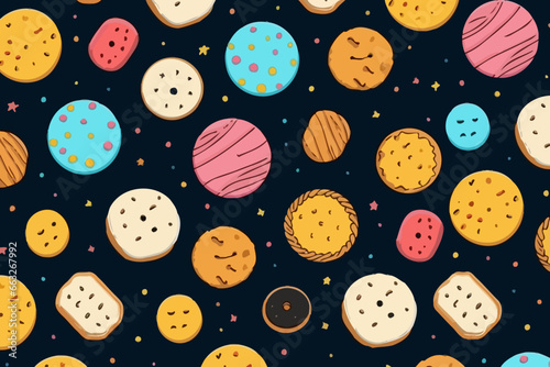 Biscuit quirky doodle pattern, wallpaper, background, cartoon, vector, whimsical Illustration