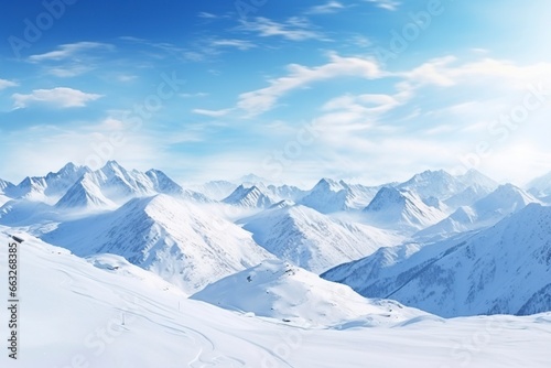 panorama of winter mountains with snow. copy space background, generative ai