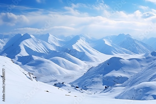 panorama of winter mountains with snow. copy space background, generative ai