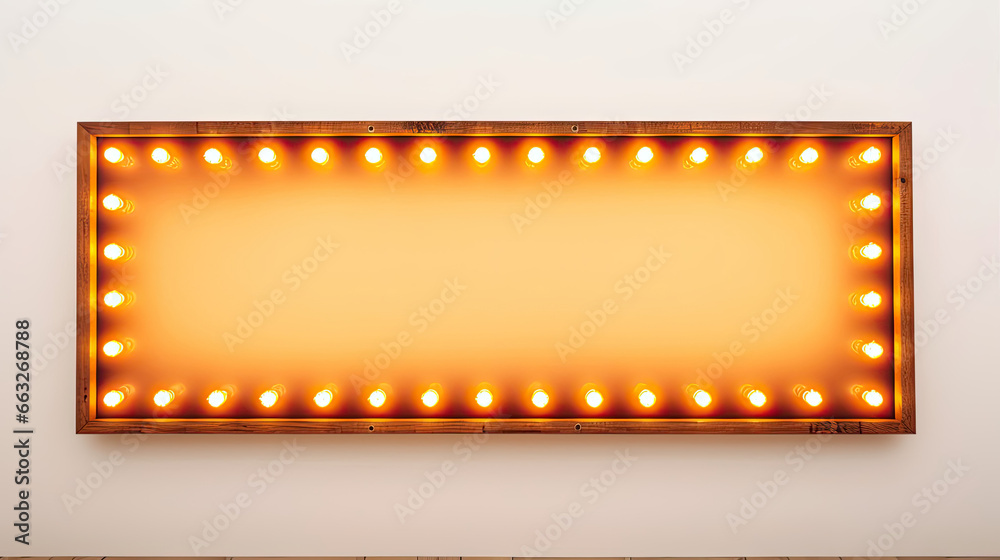 Retro empty glowing yellow billboard with light bulbs on gray wall background  3D rendering