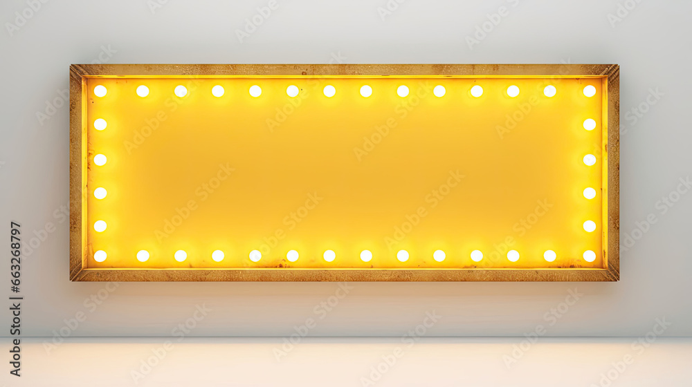 Retro empty glowing yellow billboard with light bulbs on gray wall background  3D rendering