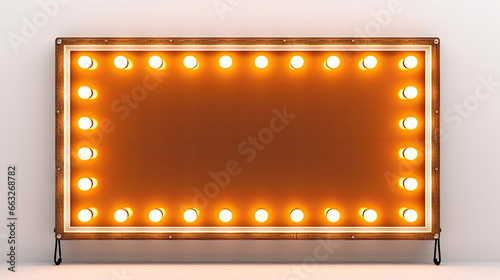 Retro empty glowing yellow billboard with light bulbs on gray wall background  3D rendering © RDO