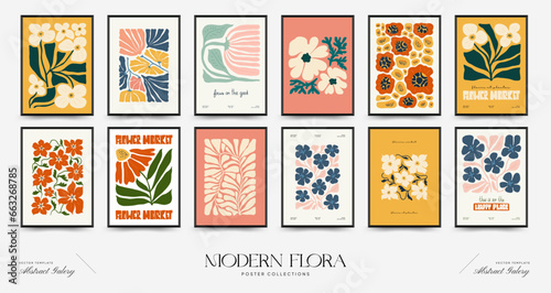 Abstract floral posters template. Modern trendy Matisse minimal style. Pink and blue colors. Hand drawn design for wallpaper, wall decor, print, postcard, cover, template, banner.