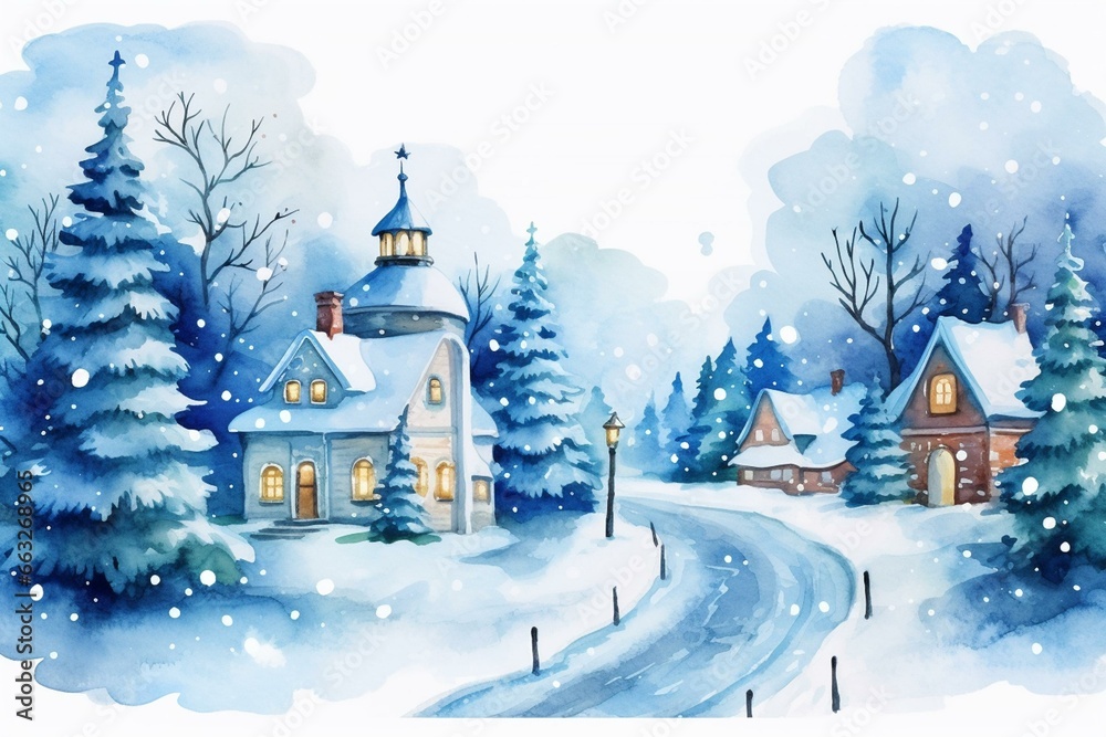 Watercolor winter scene with elegant houses and trees. Generative AI