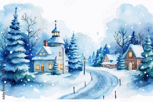 Watercolor winter scene with elegant houses and trees. Generative AI © Enzo