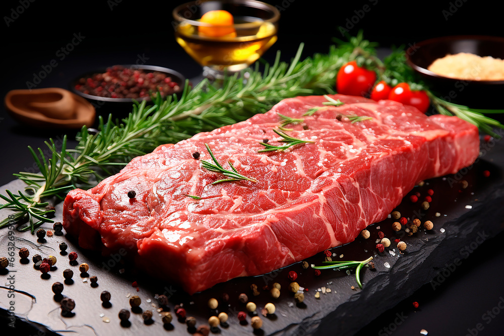 Fresh raw meat on a slate board, beef steak, spices, seasonings for cooking, beef tenderloin for baking or barbecue.
