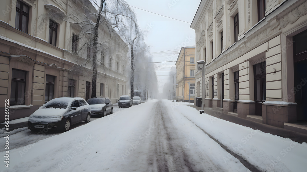 Snowy street in the city town. Winter slippery empty road