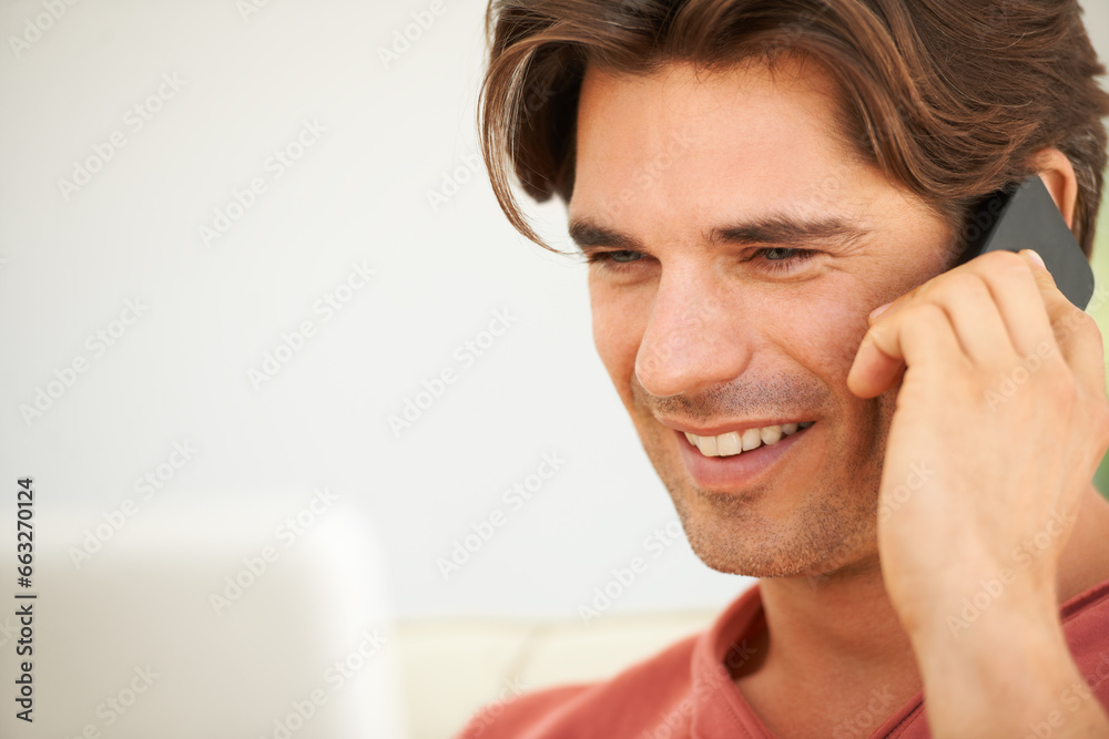 Phone call, smile and young man in discussion for communication with technology at home. Happy, networking and male person from Canada on mobile conversation with cellphone relaxing at apartment.