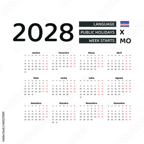 Calendar 2028 Portuguese language with Cape Verde public holidays. Week starts from Monday. Graphic design vector illustration.