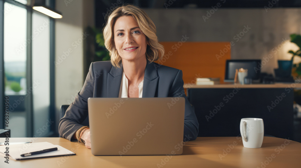 A business woman is smiling at her laptop in the office A business woman is smiling at her laptop in the office