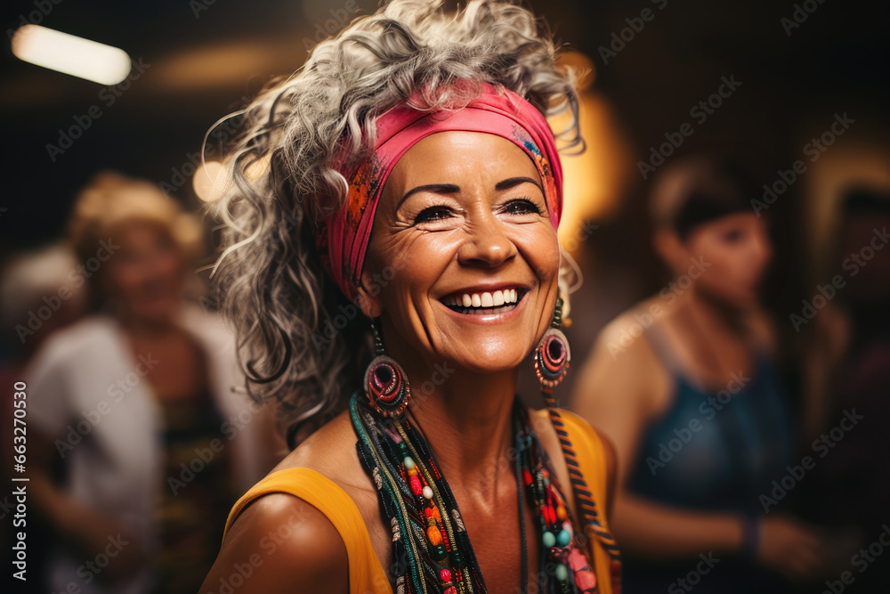 An authentic photograph of middle-aged women joyfully participating in a dance class, expressing their active lifestyle through Zumba with friends.