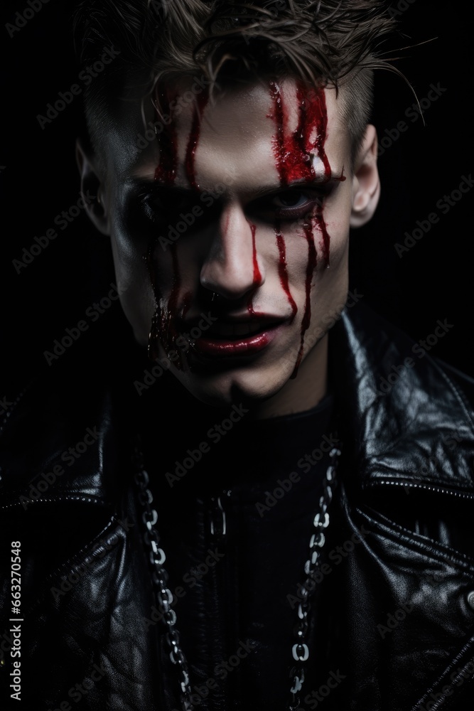 Handsome vampire man with pale skin and dripping blood down his forehead and face. Bloody lips. Evil mysterious fantasy looking expression. Black leather jacket. Young teen, man. Horror Halloween - obrazy, fototapety, plakaty 