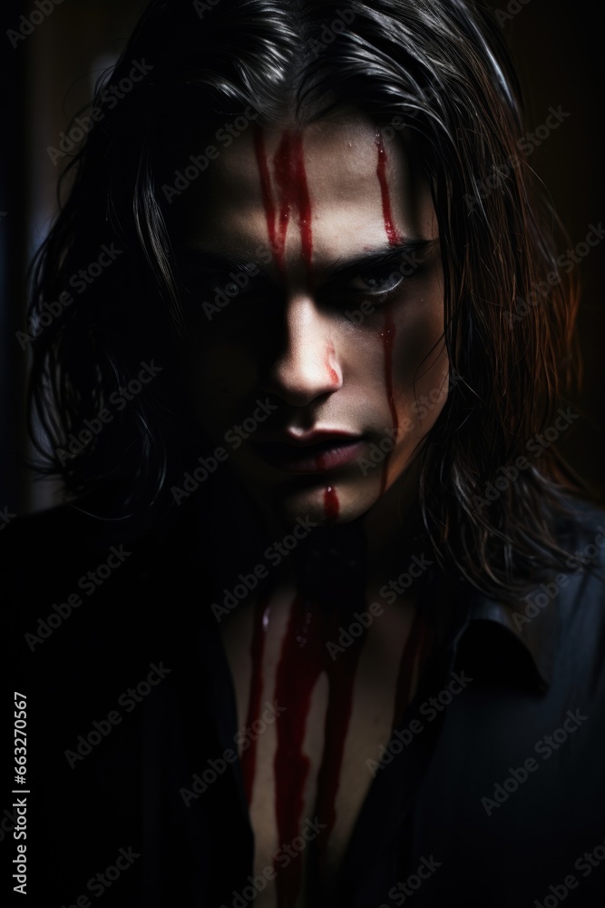 handsome young teen man with long black hair. Gothic style. Intense sinister gaze. Blood dripping down forehead and face. pale skin. Vampire Halloween concept. Blood dripping down chest. - obrazy, fototapety, plakaty 