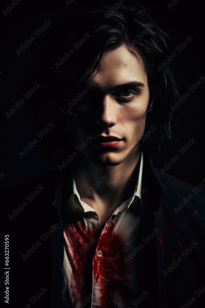 a evil mysterious young man. Evil businessman. Killer, assassin, murderer. blood drenched white shirt and business suite. black background. white pale skin. red lips. in the shadows. long black hair.