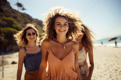 A group of female friends having a delightful beach stroll together.
