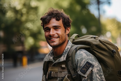 A joyful young soldier coming back home after serving in the army.