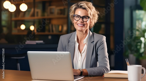 A business woman is smiling at her laptop in the office