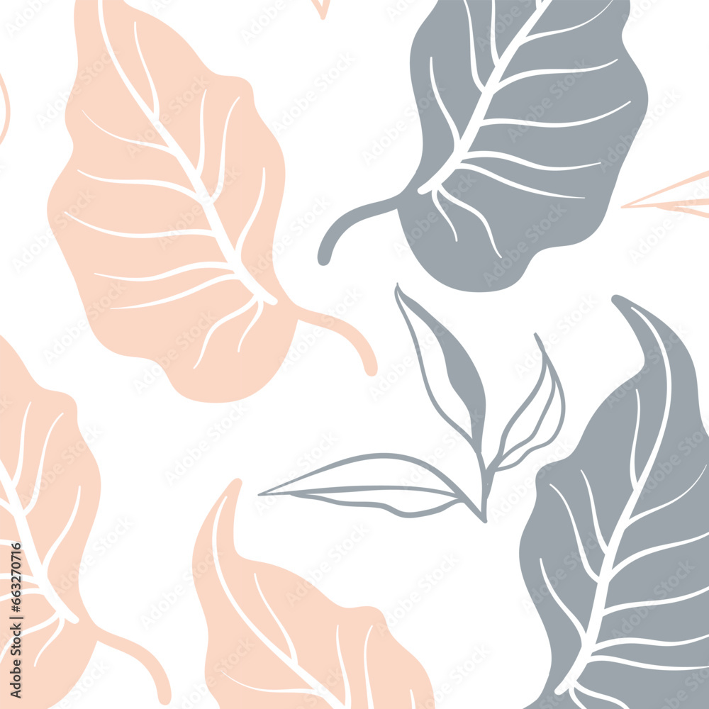 Obraz premium Set of simple floral seamless patterns. All over print. Botanical collage in modern flat liberty style, Floral Silhouettes. Meadow plants, leaves, leaf and small daisy flowers collection. 