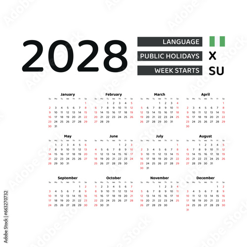 Calendar 2028 English language with Nigeria public holidays. Week starts from Sunday. Graphic design vector illustration.