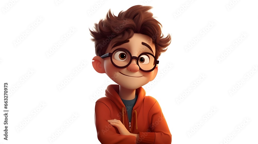 cute cartoon character boy with spex ,isolated on white background , Generative AI