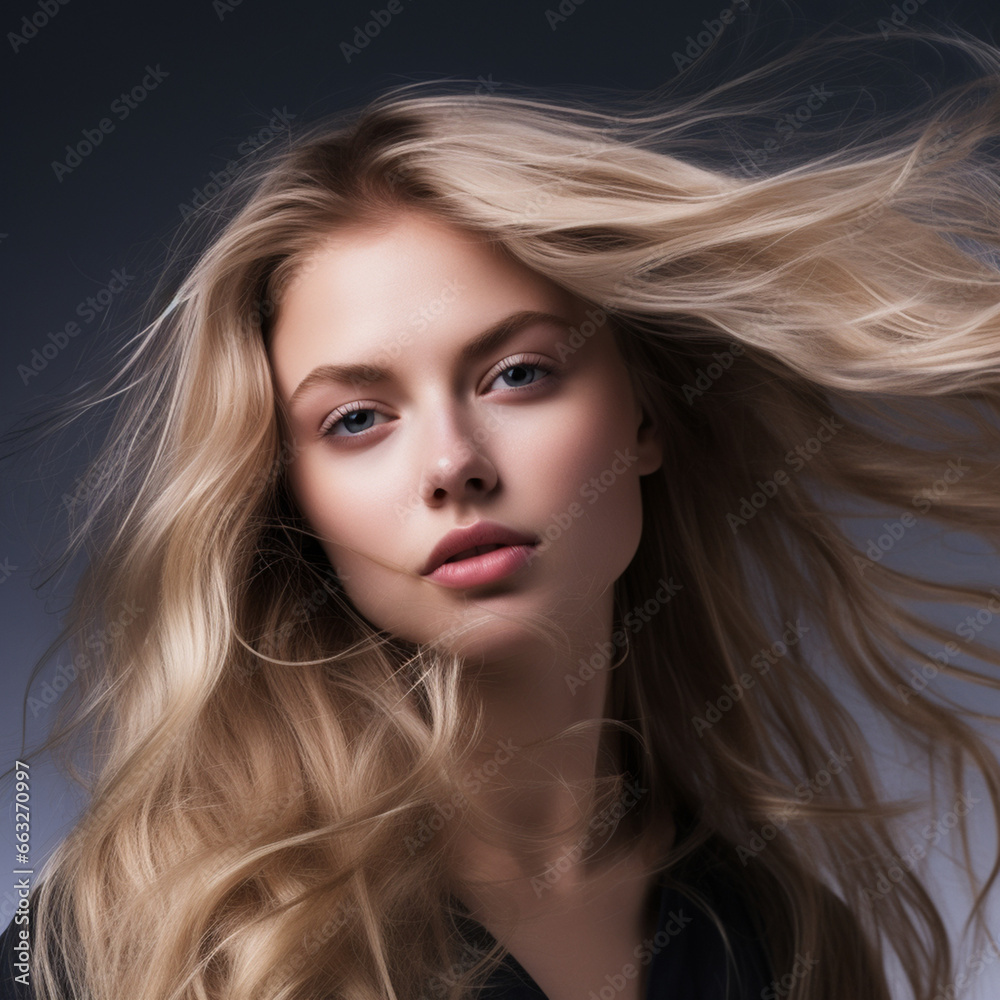 Obraz premium blond young female is shaking her hair. Generative AI