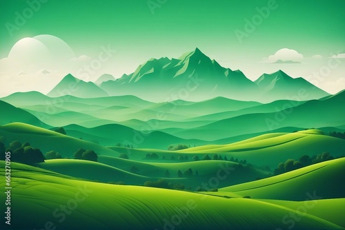 Abstract green landscape wallpaper background illustration design with hills and mountains © ArtisticLens