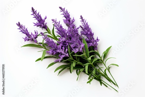Lavender bouquet with leaves on white background. Ideal for top-down or flat lay. Generative AI