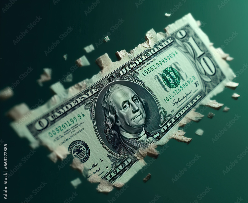 American banknote decay effect into pixels. - obrazy, fototapety, plakaty 
