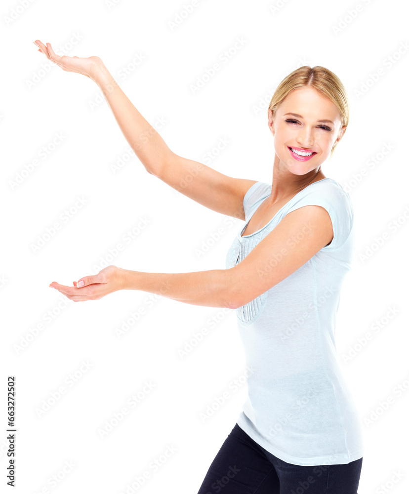 Woman, portrait and advertising presentation in studio for deal, choice and feedback of information on white background. Happy model show mockup, launch promotion and announcement of news about us Woman, portrait and advertising presentation in studio for deal, choice and feedback of information on white background. Happy model show mockup, launch promotion and announcement of news about us