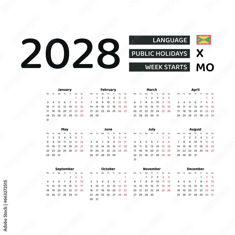 Calendar 2028 English language with Grenada public holidays. Week starts from Monday. Graphic design vector illustration.