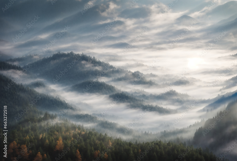 Misty mountains with top of pine tree forest, beautiful morning forest landscape.