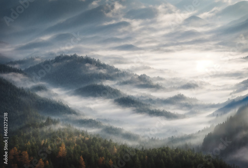 Misty mountains with top of pine tree forest, beautiful morning forest landscape.
