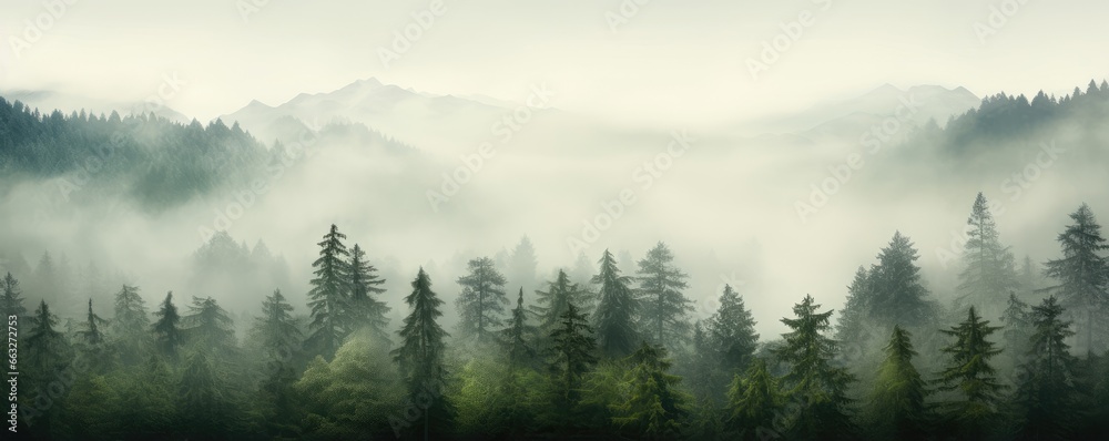 Panoramic view of misty foggy mountain landscape with fir forest, morning fog. Evanescent atmosphere in the woods wrapped in mist. Vintage retro hipster style