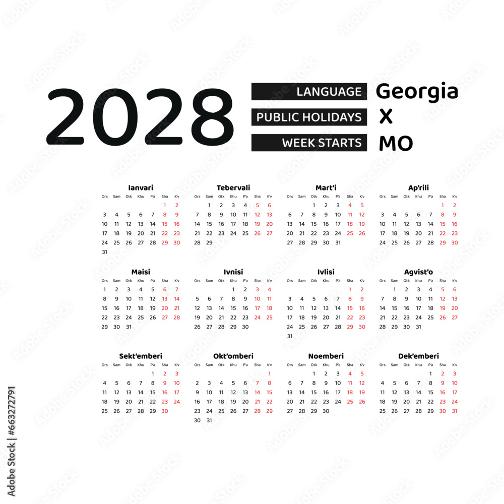 Calendar 2028 Georgian language with Georgia public holidays. Week starts from Monday. Graphic design vector illustration.
