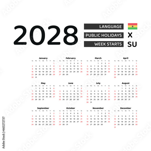Calendar 2028 English language with Ghana public holidays. Week starts from Sunday. Graphic design vector illustration.
